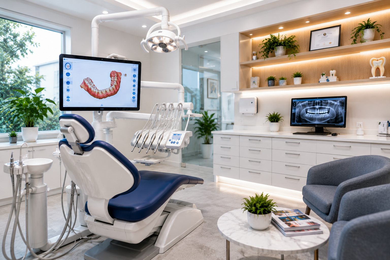 Modern dental clinic with clean treatment area, advanced equipment